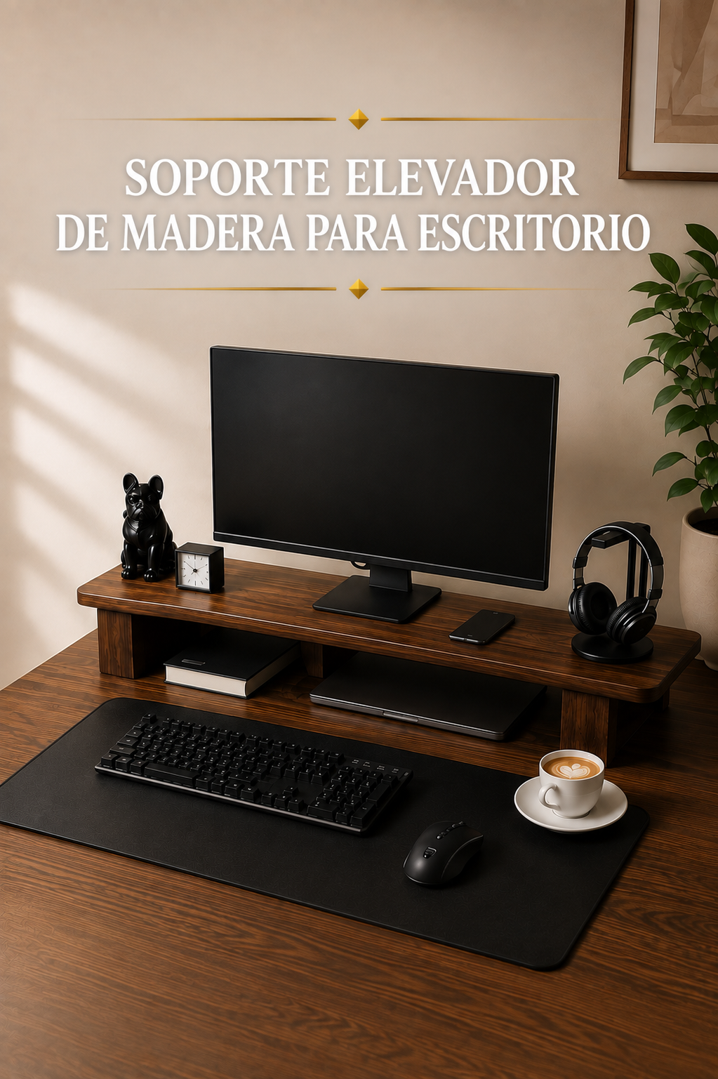 Soporte elevador de madera maciza para oficina.