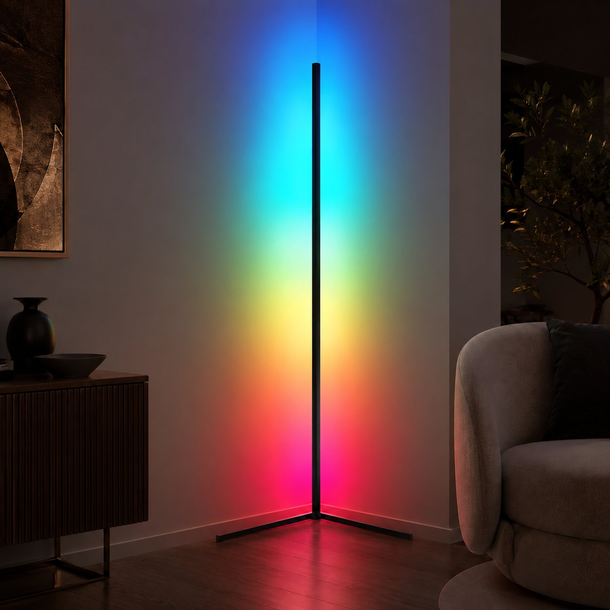 Lámpara de pie inteligente RGB con iluminación ambiental.